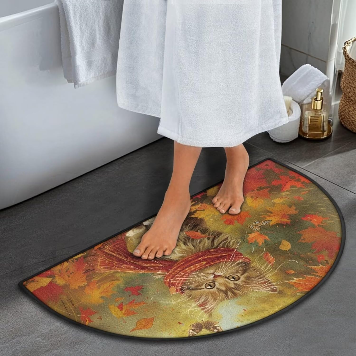 Maple Leaf Cat Half Circle Rug Outdoor Washable 30 x 18 in Indoor Entrance Doormat Bath Rugs Front Door Mats Floor Mat Large Carpet for Back Door Kitchen Bathroom Decor