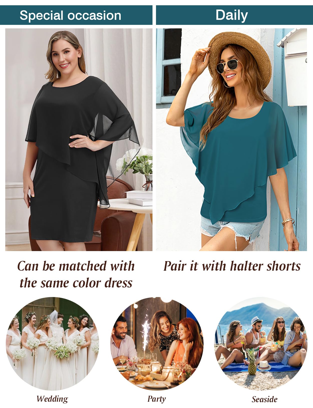BEAUTELICATE Damen Chiffon Schal Stola Elegant Poncho Cape Brautjacket für Sommer Hochzeits Festlich Abendkleid (Asymmetrische - Salbeigrün, Einheitsgröße)