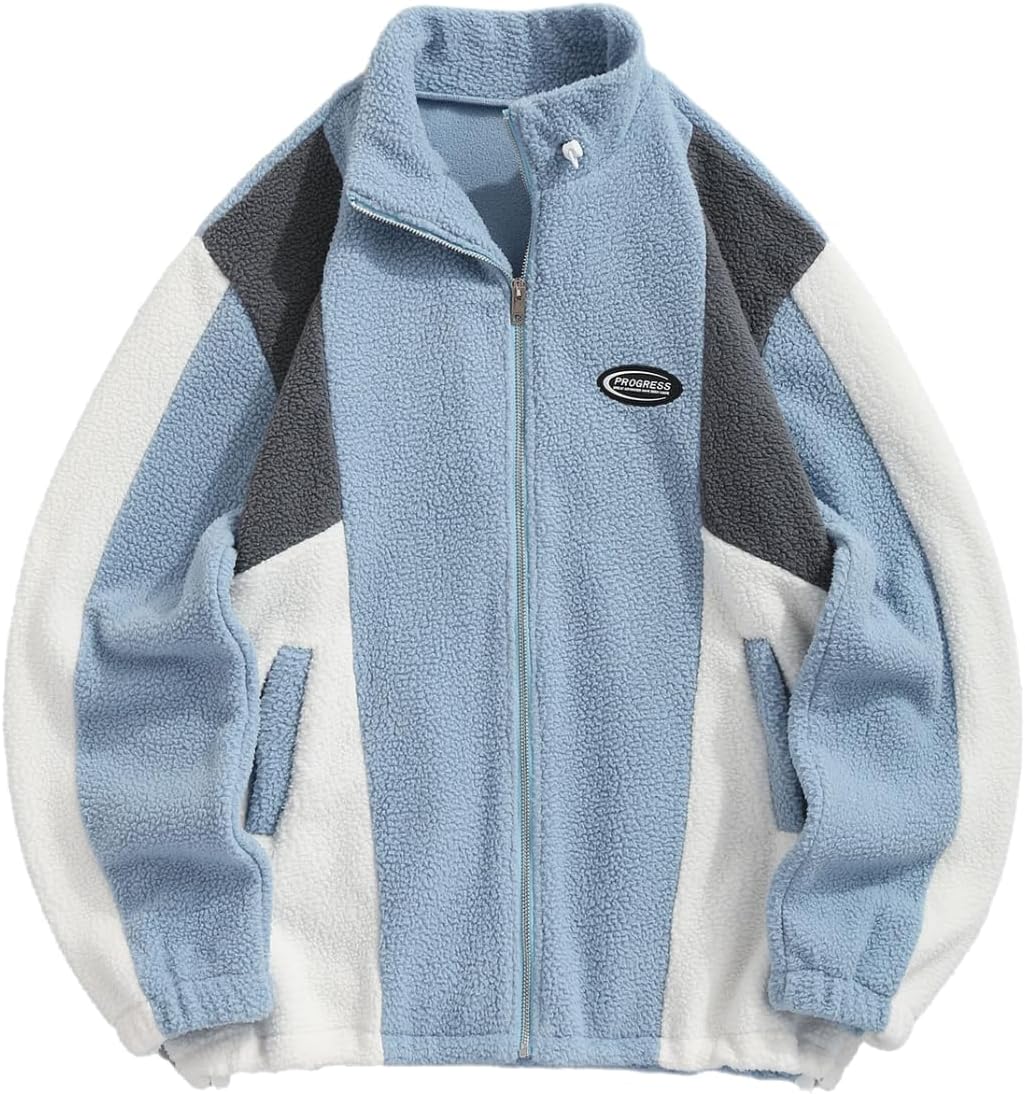 ZAFUL Men's Long Sleeve Zip Up Coat Faux Fur Ethnic Color Block Pullover Tops Pocket Drawstring Hem Oversized Outwear Jacket
