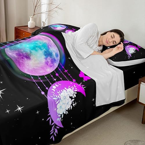 Miniatura 4 de Erosebridal Juego de sábanas y fundas de almohada de luna y estrellas, juego de ropa de cama bohemio con diseño de rosas azules para niñas, juego de
