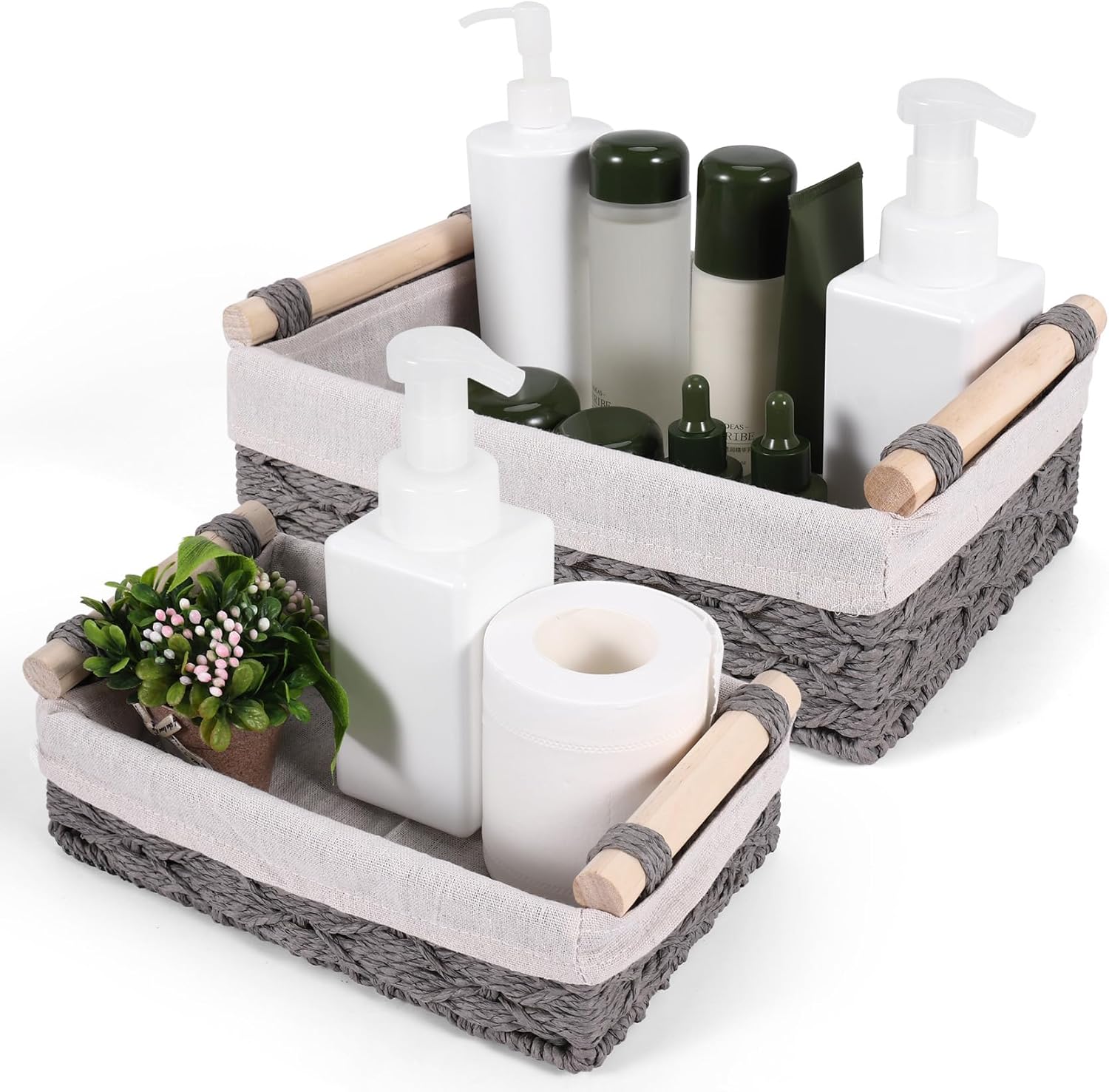 Synpinya 2Pcs Woven Rope Storage Basket, Shelf Baskets with Wooden