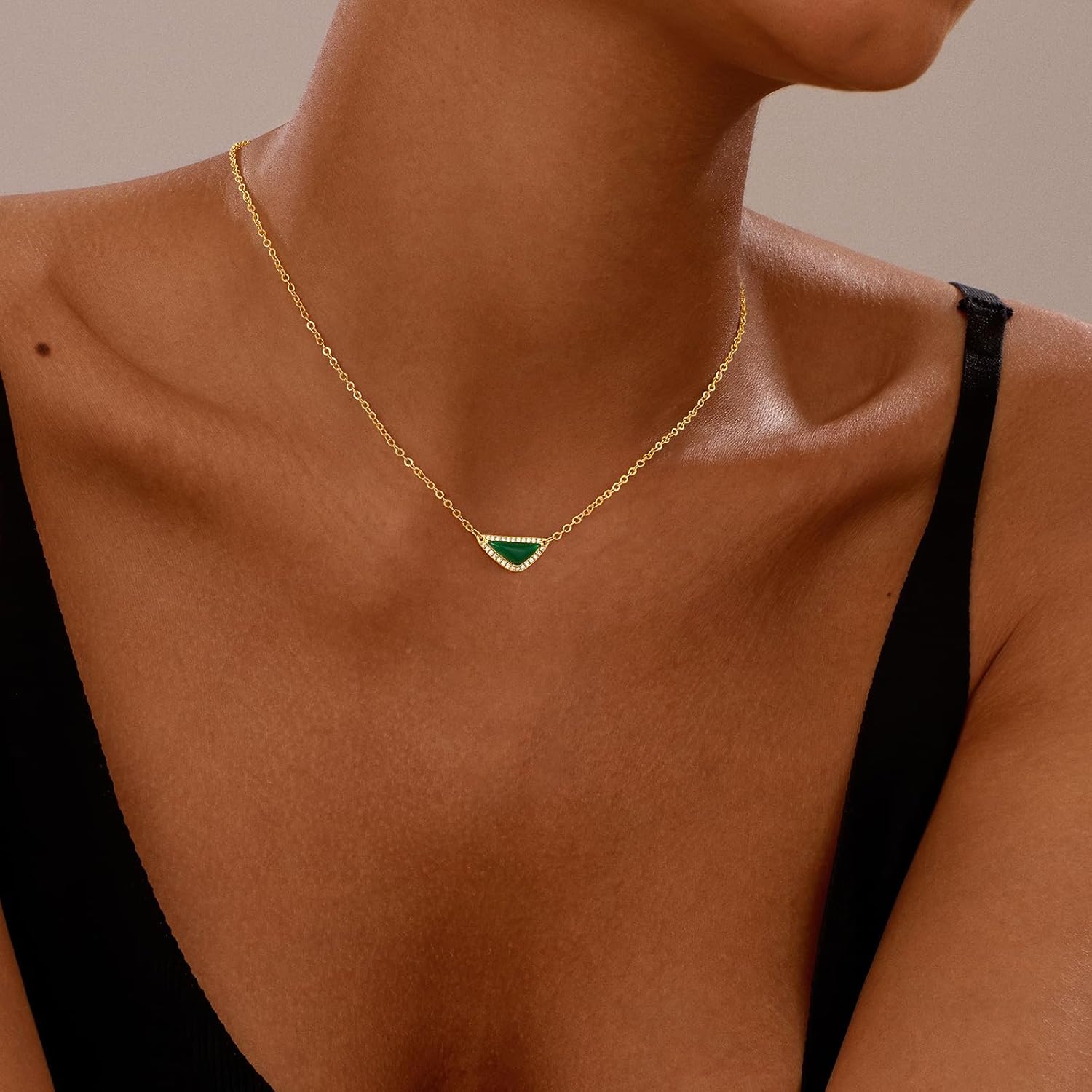 Doreenamoris Gold Necklace for Women 14k Gold Plated Non Tarnish Dainty Gemstone Crystal Triangle Pendant Necklace Choker Necklace Birthday Wedding Every Day Jewelry Gifts for Mother's Day Gifts for Mom - Image 3