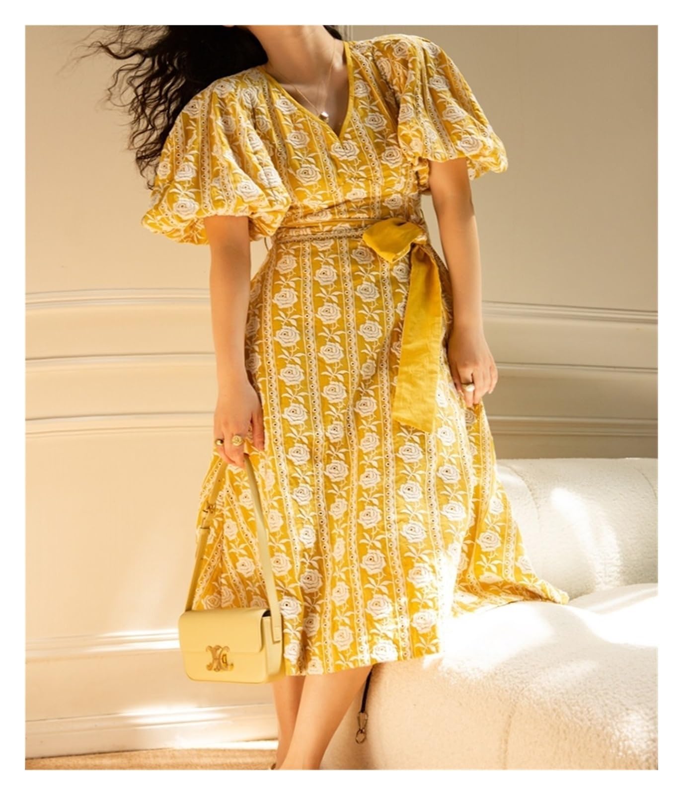 Tela Algodon Tela de Ropa Bricolaje Hecha a Mano con Bordado Pesado Rosa Amarilla algodón francés for Vestido Boda Tela diseñador para Manualidades, Acolchados(Black)