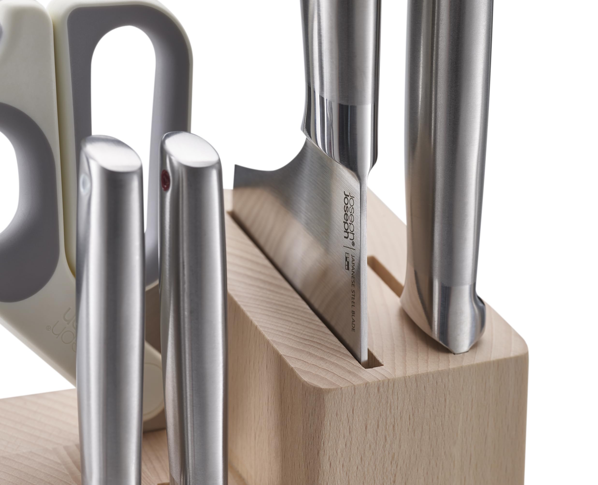 Joseph Joseph Fusion Cuchillos de Cocina Profesionales, Cuchillo Carnicero y Tijeras, Acero Inoxidable Japones, 5 piezas, Bloque de Madera