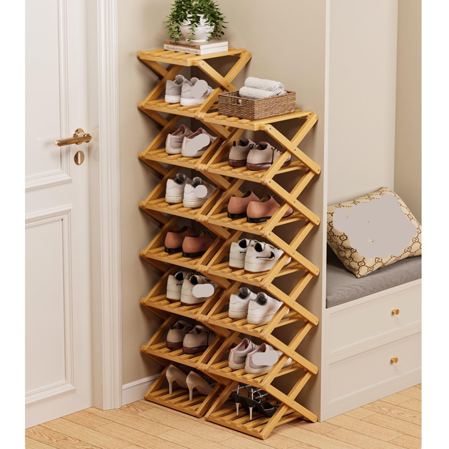 Zapatero plegable de bambú – Nizer de madera de 5 niveles que ahorra espacio para entrada y sala de estar – no necesita montaje, diseño delgado, respetuoso con el medio ambiente Sto Solut