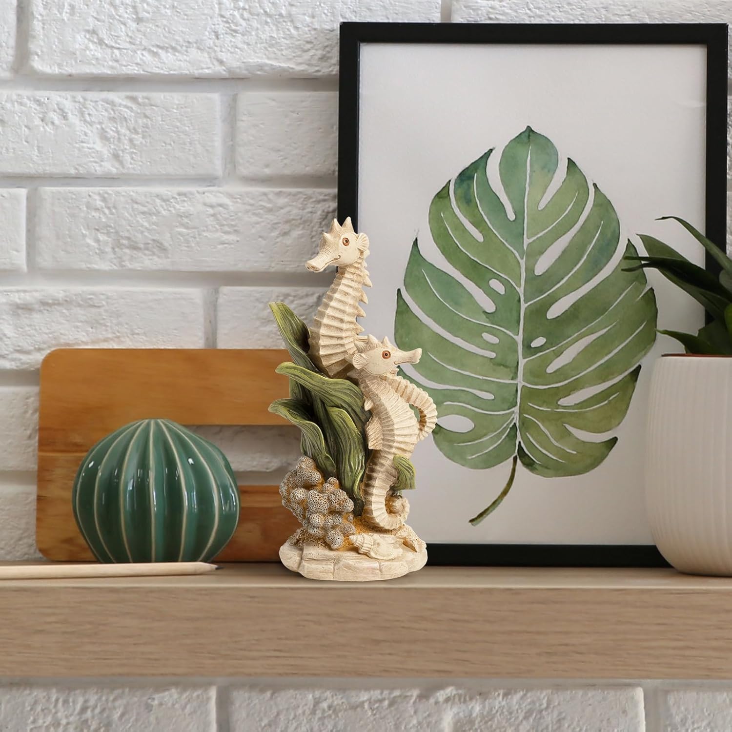 Seahorse Statue, 7.8"H Resin Sea Horse Fish Starfish Coral Seaweed Sculpture, Tropical Coastal Theme Beach House Table Shelf Desk Decor, Bathroom Living Room Office Ocean Decoration for Home