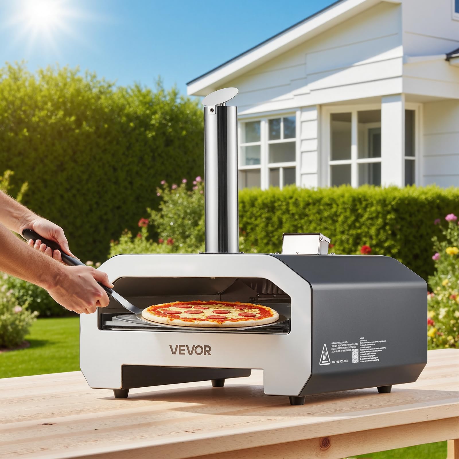 VEVOR Forno per Pizza a Doppio Combustibile da Esterno, a Legna e a Gas Propano da ca. 406 mm, Macchina per Pizza, con Termometro, Dpray di Ferro Portatile, per Campeggio all'Aperto e Cortile