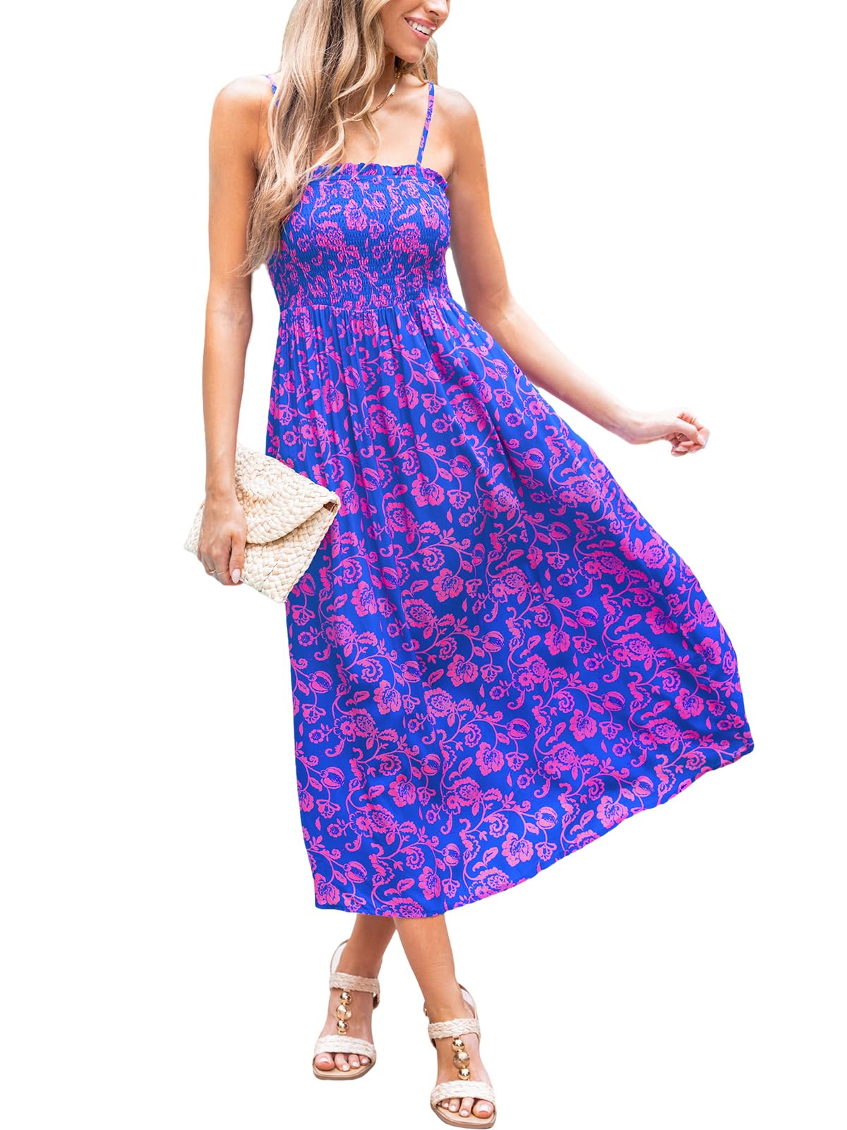 CUPSHE Women's Maxi Dress Ditsy Floral Smocked Summer Sundress Sleeveless Ruffled Spaghetti Straps Long Beach Formal Dress