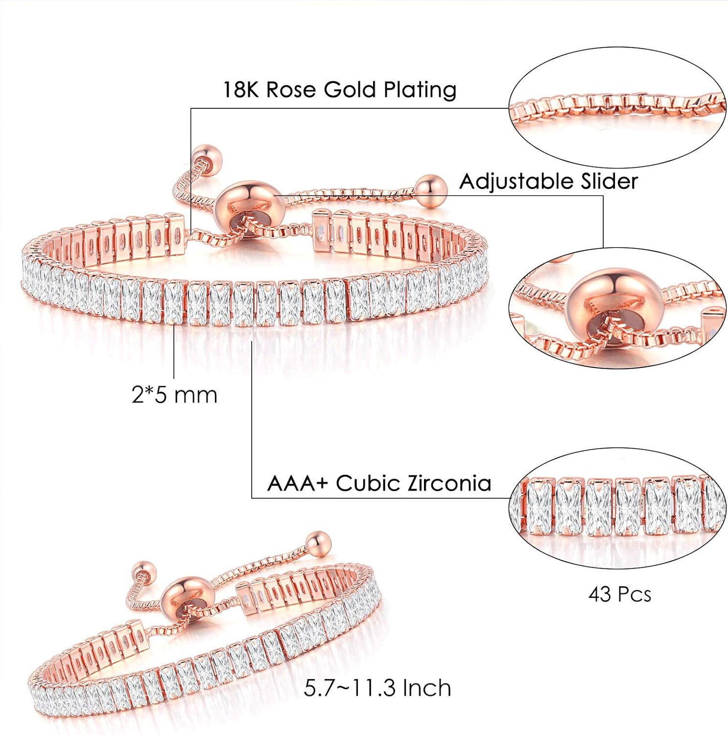 Tennis Bracelets for Women White Gold Plated Diamond AAA+ Cubic Zirconia CZ Dainty Classic Adjustable Slider Bracelet Silver Fashion Jewelry Wedding Gift - Image 2