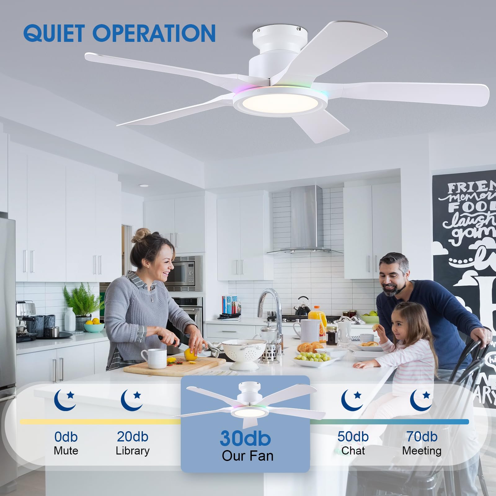 Kviflon RGB Deckenventilator mit Fernbedienung, Leise DC Motor, Umkehrbar, Dimmbar LED, 132cm Deckenventilatoren für Schlafzimmer Wohnzimmer, Weiß