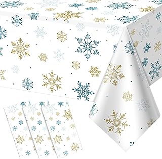 3Pcs Snowflake Plastic Tablecloth Christmas Snowflake Disposable Table Cloth White Blue and Gold Winter Wonderland Table Cover for Winter Holiday Christmas Birthday Party Decorations,54x108 Inch