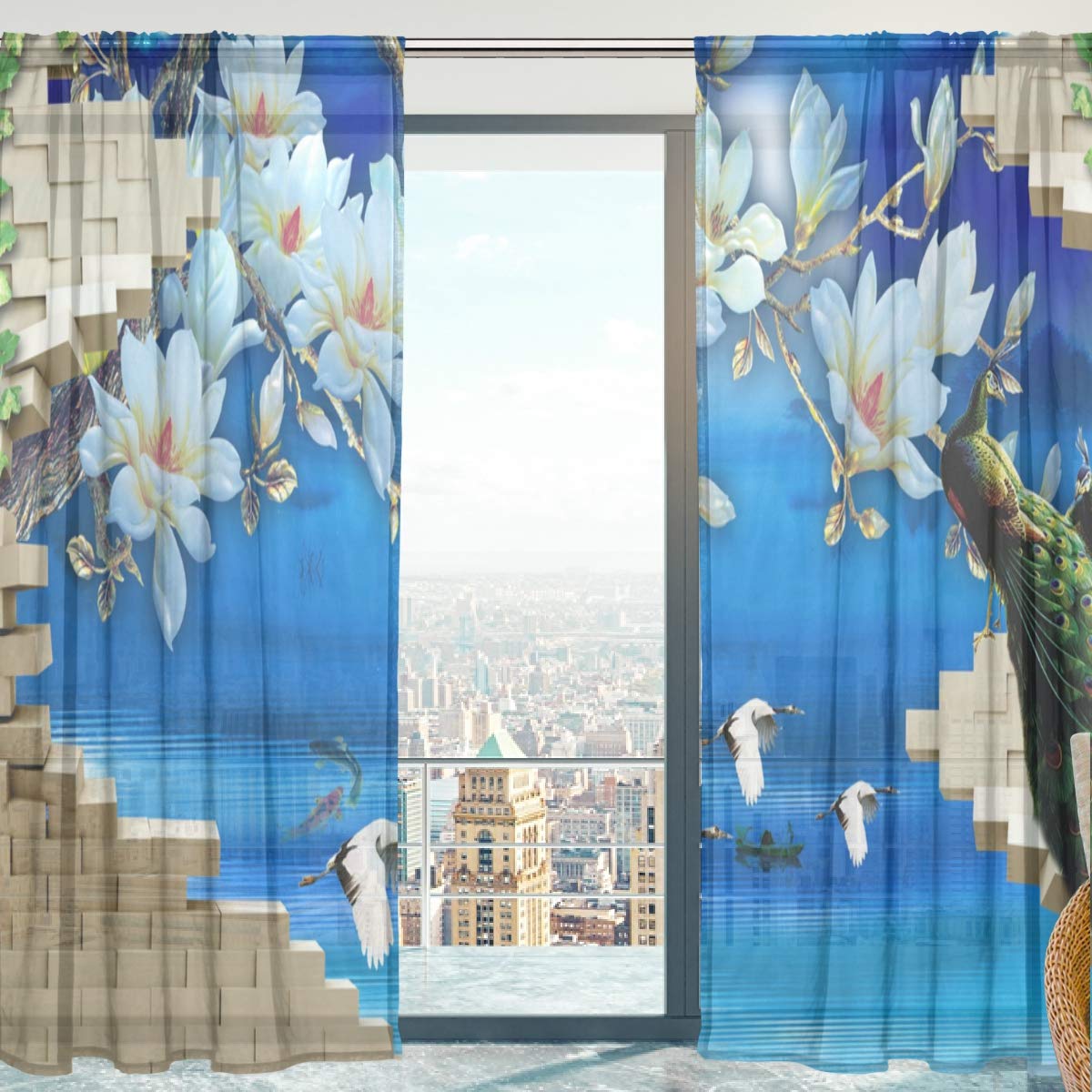 Mnsruu Voilage Rideaux Fleurs Paon Oiseaux Doux Voilage Voilage Voilage Voilage Voilage Voilage Rideaux Fleurs Paon Oiseaux Doux pour Chambre Salon 140 x 213 cm 2 Panneaux