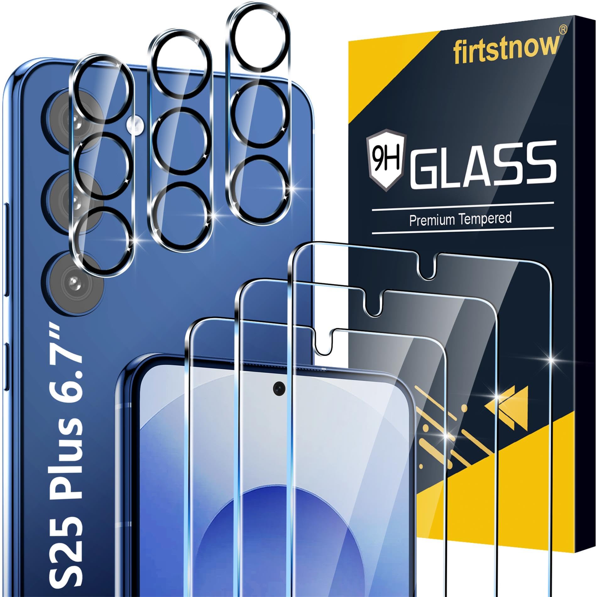 3 Pack Glass Screen Protector for Samsung Galaxy S25 Plus [6.7 inch] + 3 Pack Camera Lens Protector, 9H Tempered Glass, Fingerprint Unlock, HD Clear Case Friendly Anti-Scratch