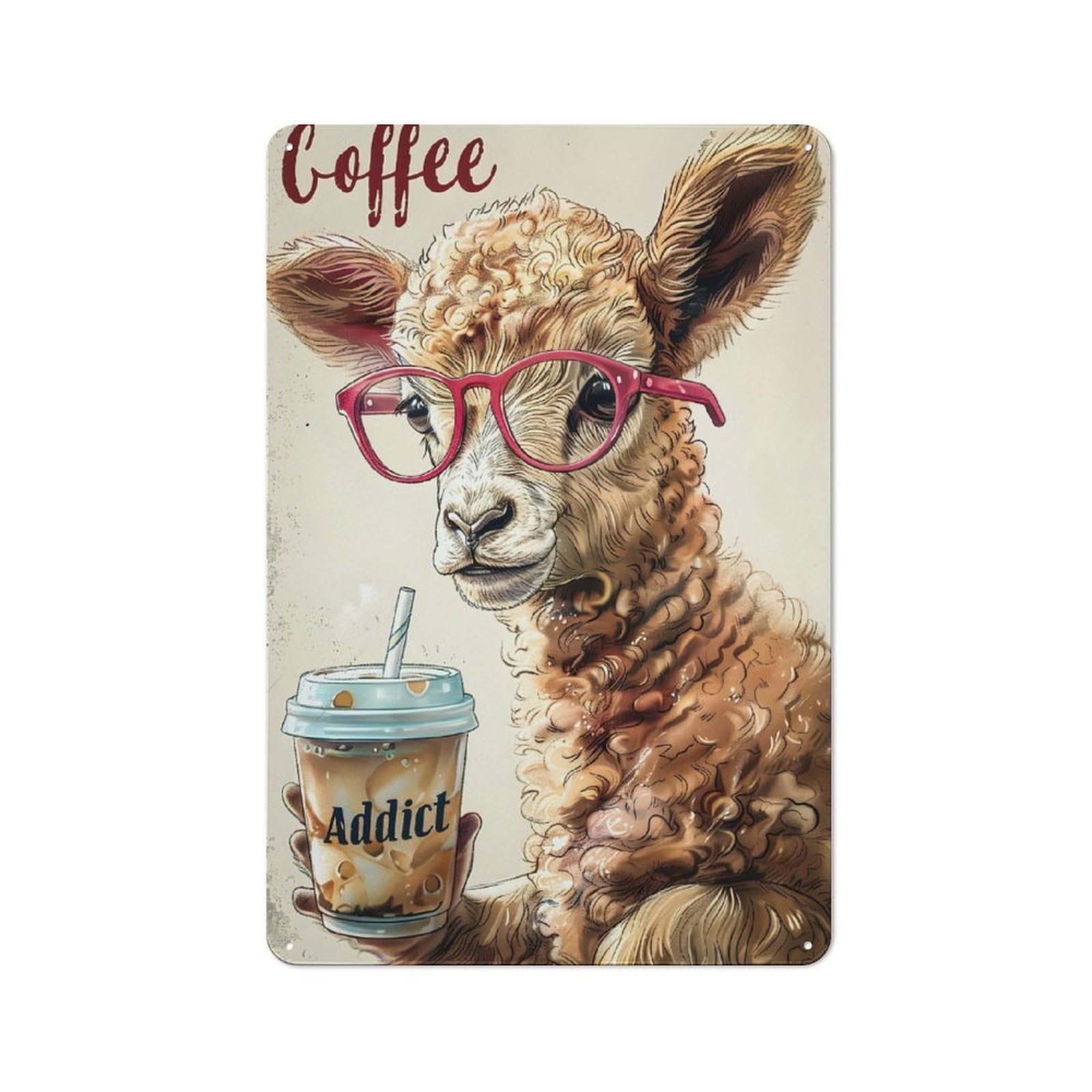 Junmoney Cute Lamb Coffee Addict Metal Sign 30X20cm With For Workshop Wall, Rustic Decor, Wall Decoration For Workshops And Hobby Rooms
