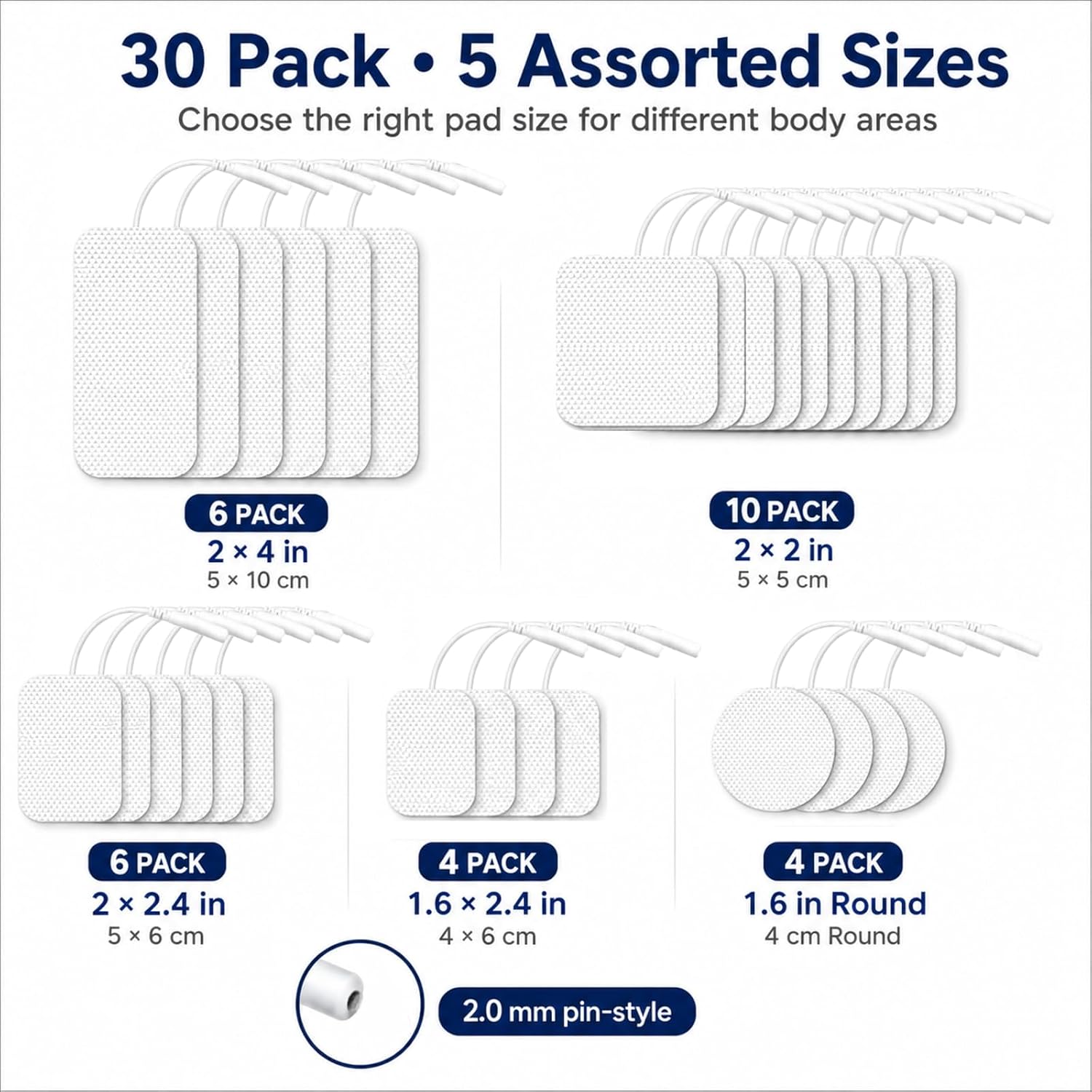 TENS Unit Electrode Pads, 30 Pcs TENS Pads, TENS Unit Replacement Pads | 2.0 mm Pin, 5 Sizes, FSA-HSA Eligible, TENS Unit Pads, TENS Unit Muscle Stimulator Pads, Compatible with AUVON and TENS 7000