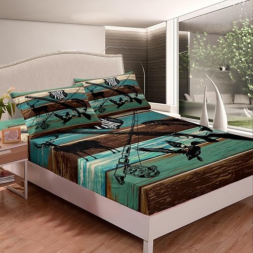 Miniatura 3 de Funda de colchón de caza de animales salvajes, tamaño individual, sábana bajera ajustable de microfibra con temática de peces de caza para niños y