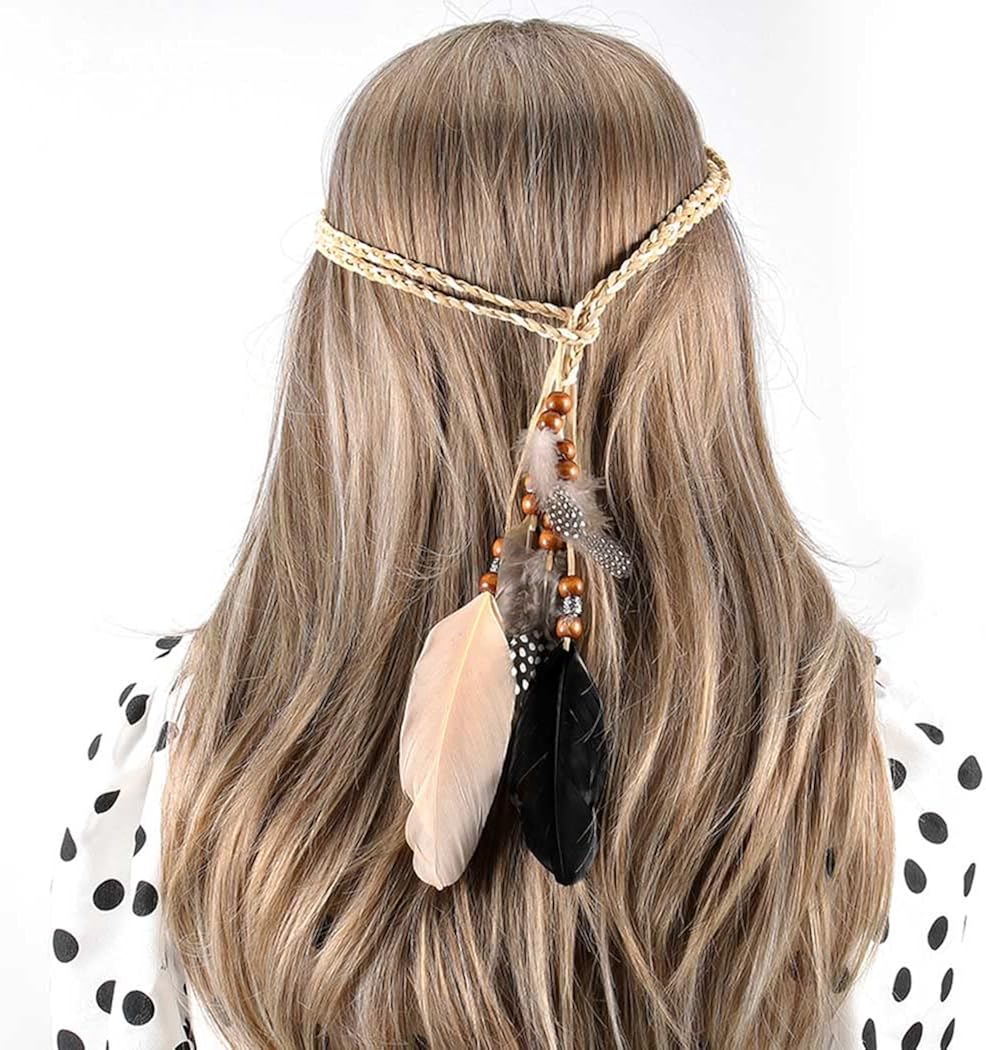 Miniatura 2 de Gangel - Diadema de plumas indias gitana hippie con borla de pluma negra cuerda de cáñamo para festivales disfraces carnaval color marrón joyería de