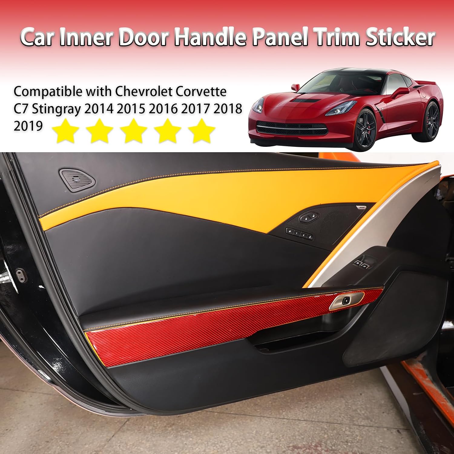 Car Inner Door Handle Cover Trim Compatible with Chevrolet Corvette C7 2014-2019,Carbon Fiber Interior Door Pull Handle Trim Frame,Auto Inner Door Panel Trim Accessories 2PCS (Red Carbon)