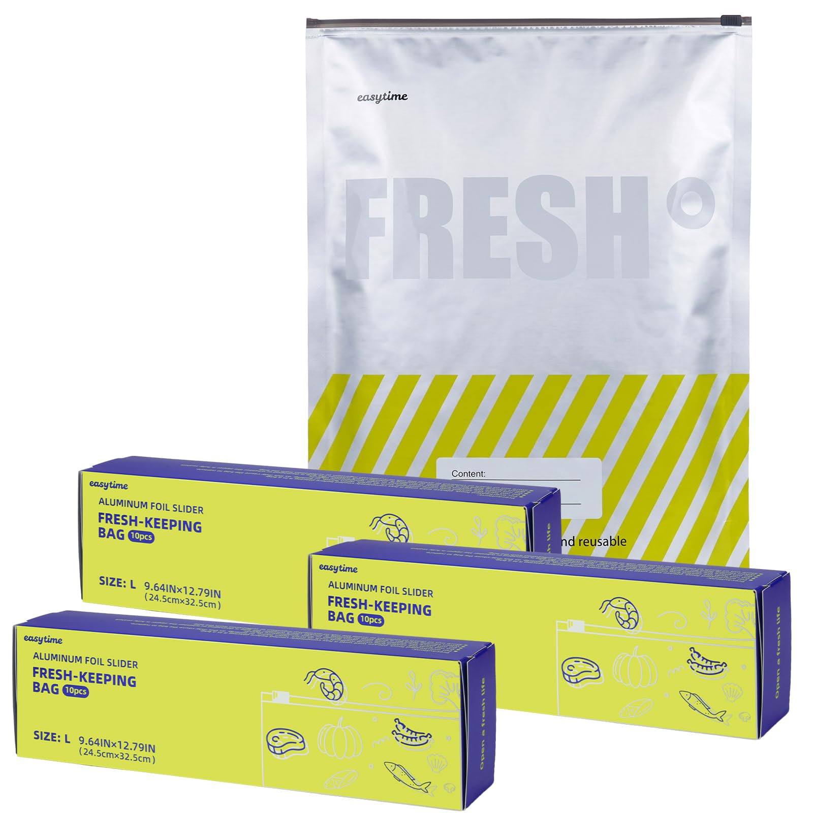 30PCS Reusable Aluminum Foil Sealable Storage Bags, Upgraded Reusable Aluminum Foil Freezer Bags with Label and Upgraded Zipper for Meat and Seafood, 3 Boxes 30Pcs Total (Large Size-New Pattern)