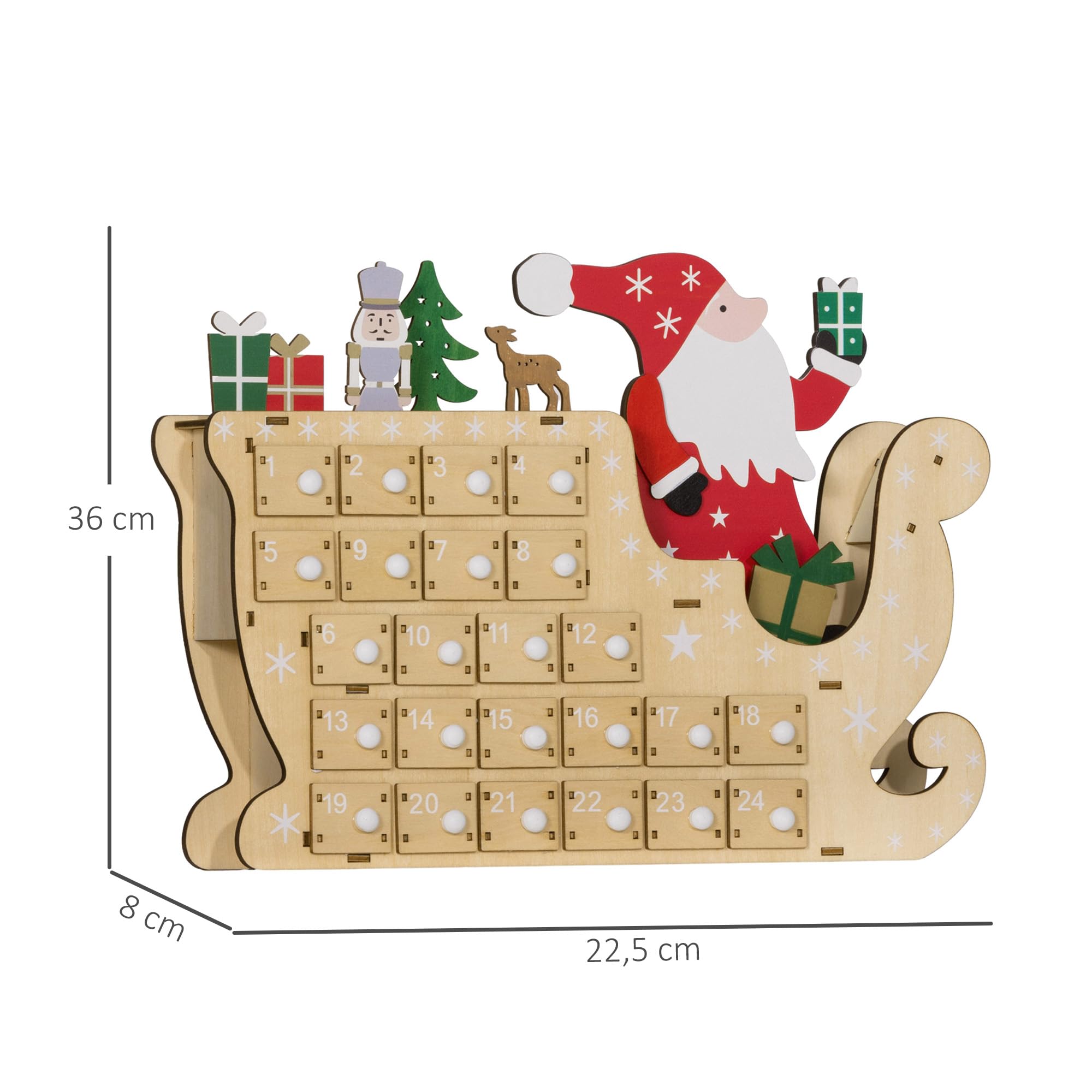 HOMCOM Calendario de Adviento de Madera con 24 Cajones 22,5x8x36cm Natural | Calendario de Adviento de Navidad Reutilizable, Decorado con Papá Noel en Trineo, Decoración Navideña para Rellenar