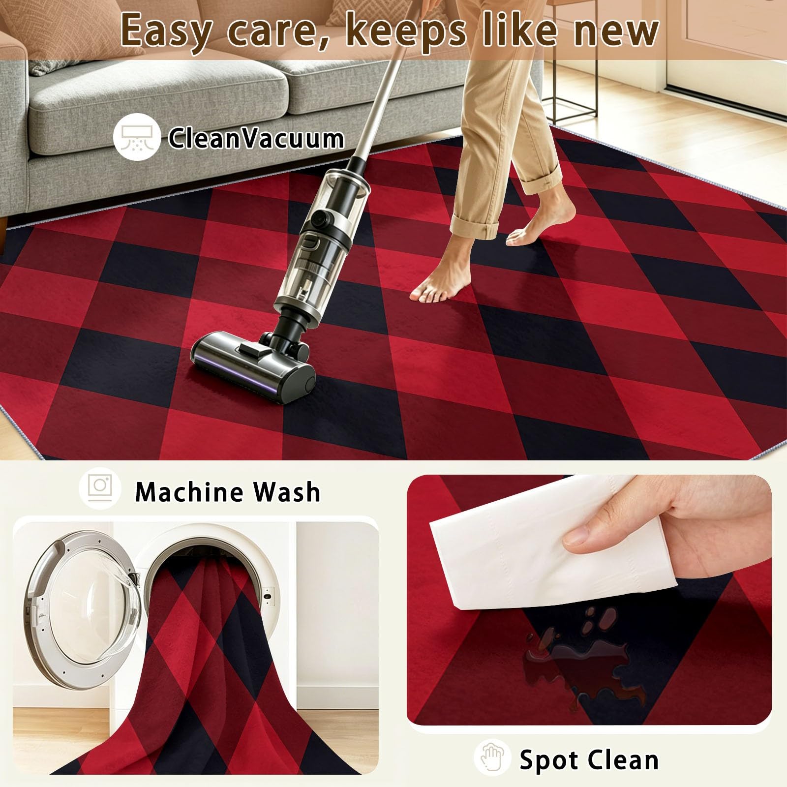 Générique Tapis de Salon Style Motif À Damier Simple Rouge Et Noir, AntidéRapant et Doux, Chambre Lavable en Machine, Tapis De Chambre Salle à Manger Decoration,Rouge, 140 x 200 cm
