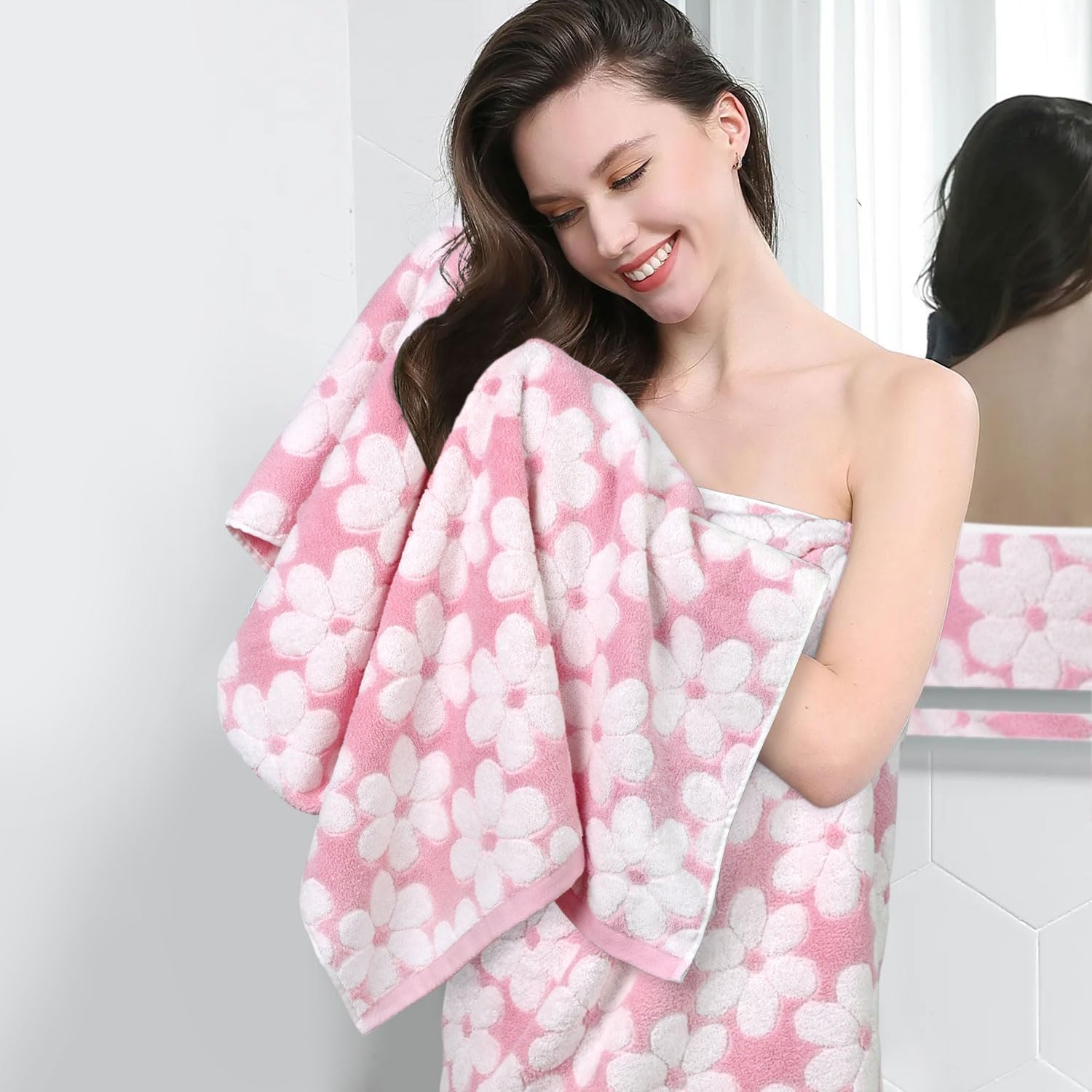 Pink Floral Bath Towels Set - Luxurious & Absorbent -6