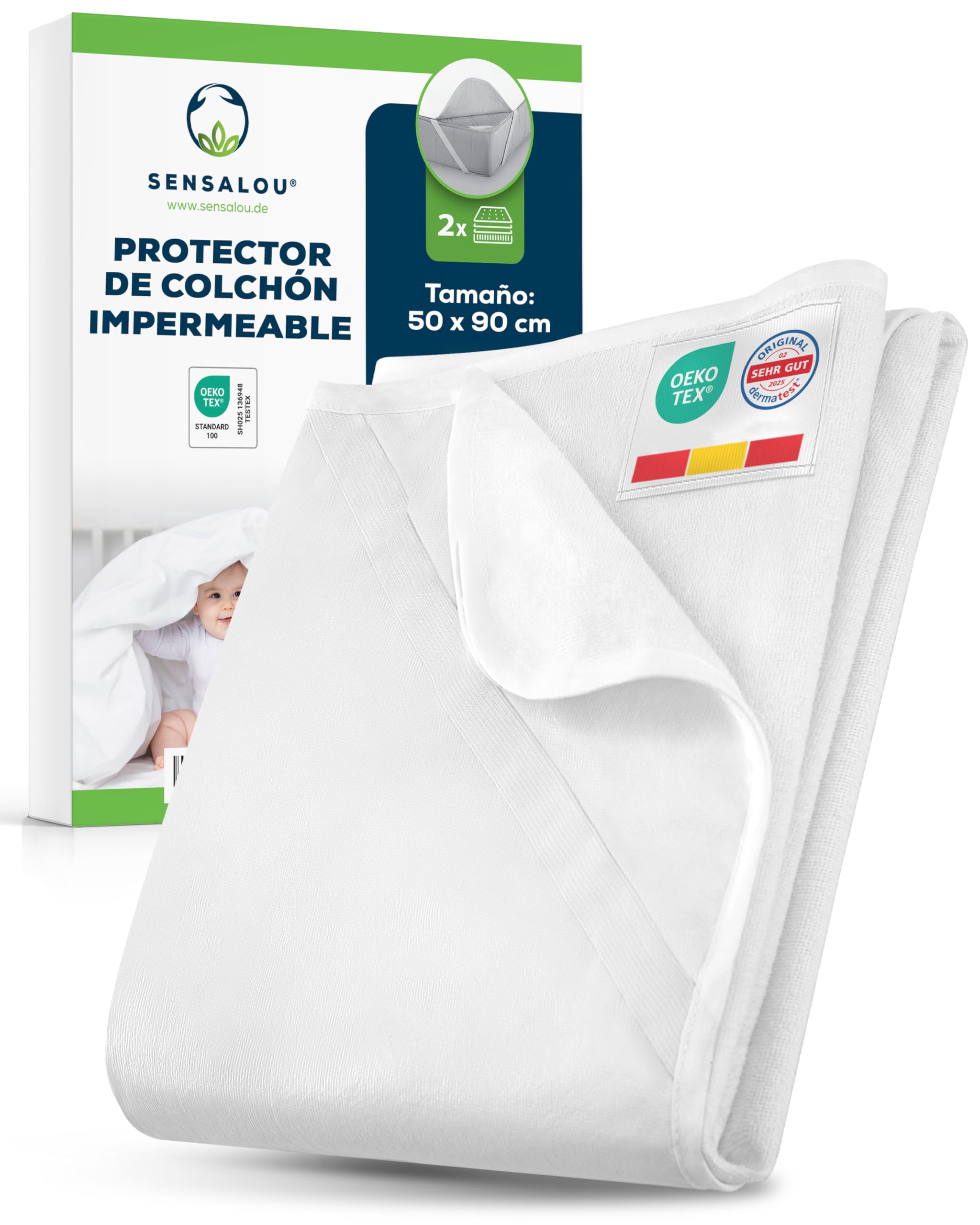 Sensalou Protector De Colchón 50x90 cm Lot de 2 Impermeable para Cuna Bebé – Cubrecolchón Lavable A 95 °C, Funda Antibacteriana Suave Y Transpirable, Protección Silenciosa para Colchones hasta 30 cm