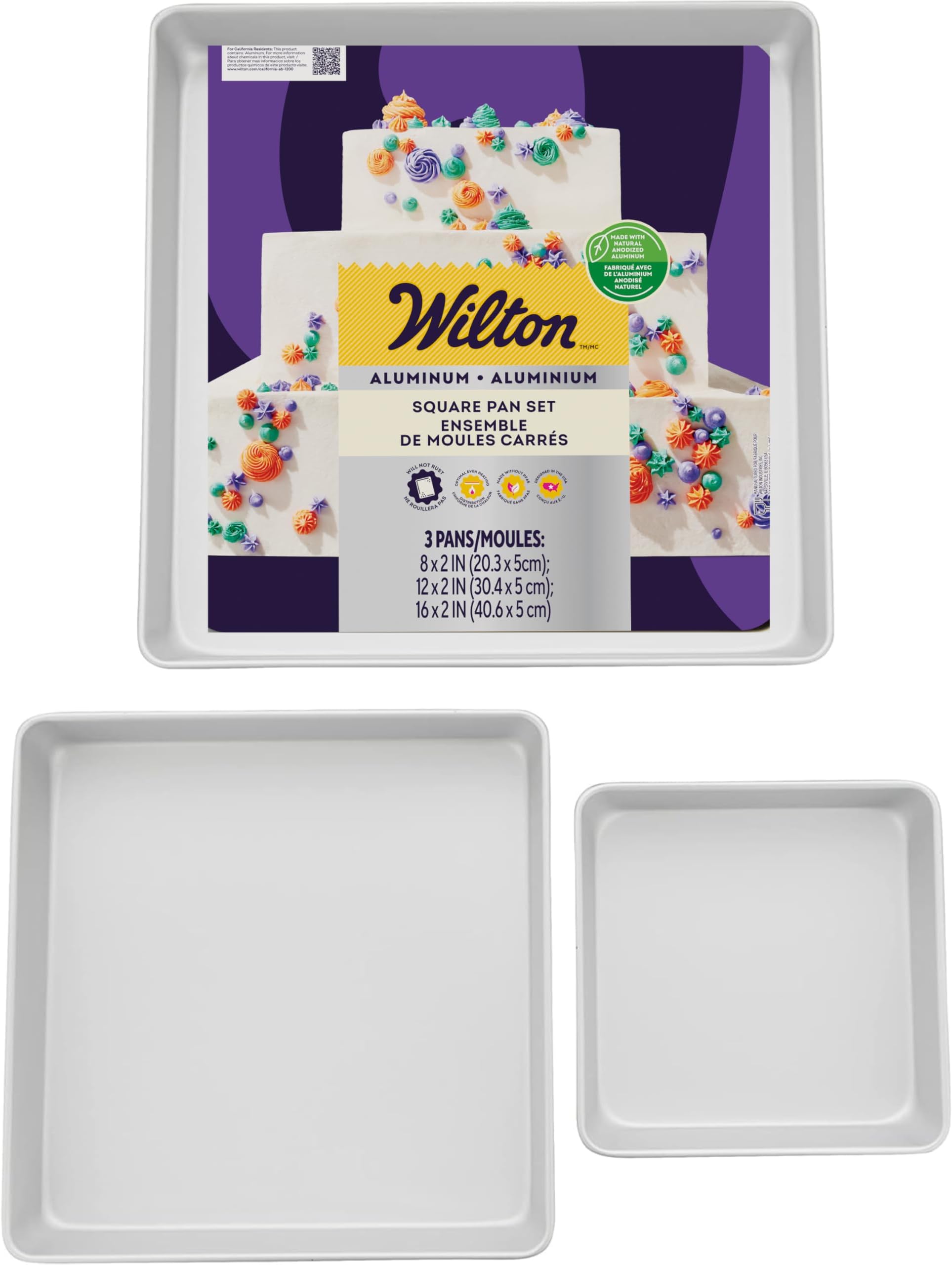 Wilton Aluminum Square 3-Piece Bakeware Set, Durable Anodized Bakeware for Tiered & Layered Cakes, Even Heating, Rust-Resistant, Professional Cake Baking Pans, 8 in, 12 in, 16 in, Packaging May Vary