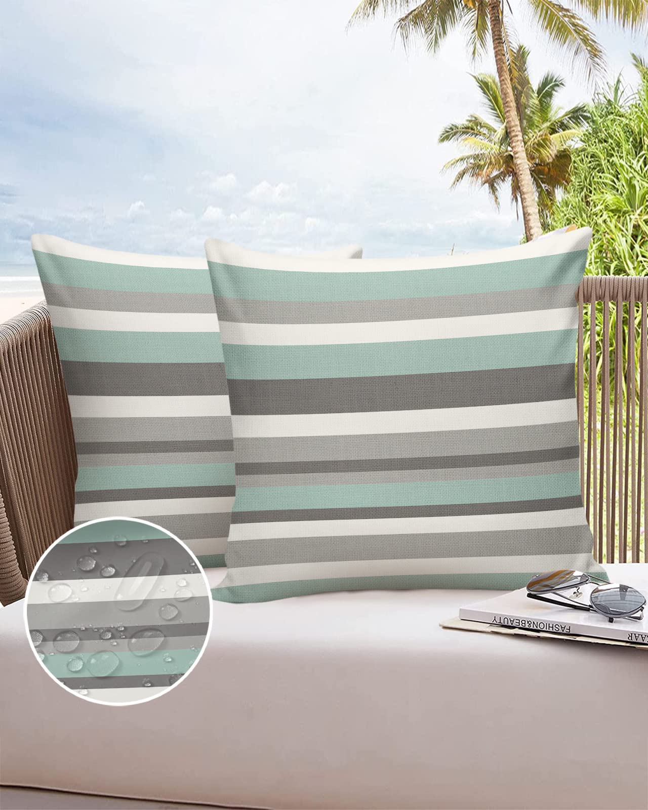 T&H XHome Outdoor Waterproof Throw Pillow Covers 18 x 18 Inches Set of 2 Blue-Gray Stripes Decorative Cushion Cover Pillowcase for Garden Patio Tent Beach Bedroom Livingroom Sofa Couch