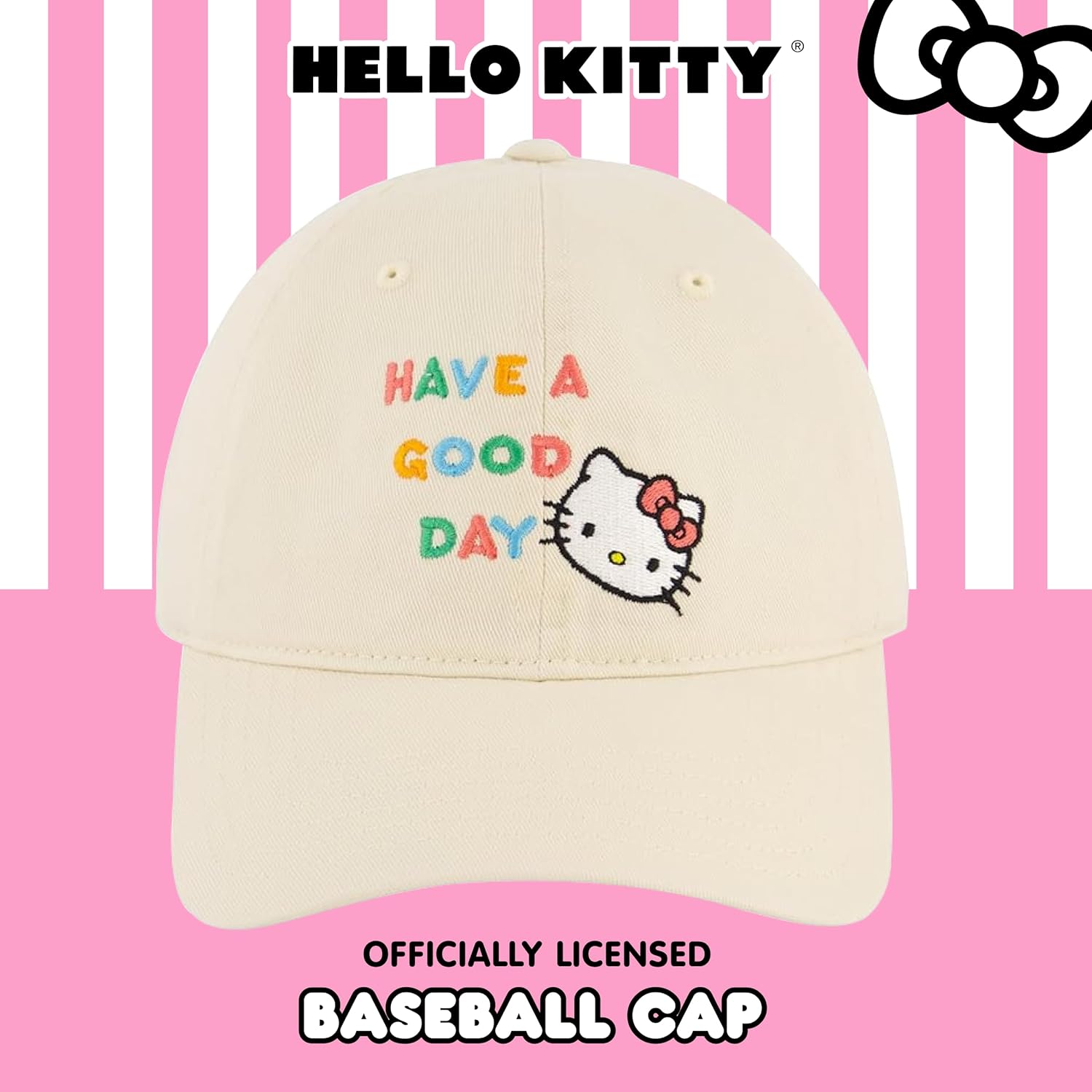 Hello Kitty Baseball Cap, Adjustable Cotton Dad Hat with Curved Brim, Have a Good Day, Khaki, One Size - Image 2