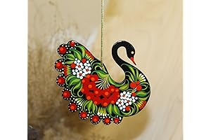 3.5" Black Swan Christmas Ornament - Ukrainian Petrykivka Design with Red Viburnum