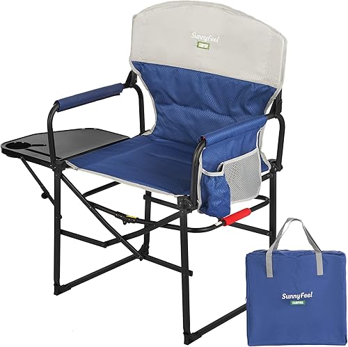 SUNNYFEEL Silla de directores de campamento de gran tamaño, sillas plegables portátiles para adultos resistentes con mesa auxiliar, bolsillo para