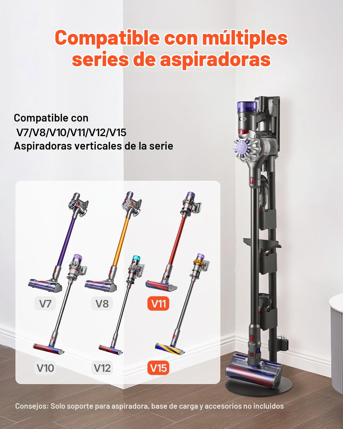 VEVOR Soporte de Aspiradora Compatible con Aspiradoras Verticales y Accesorios de Las Series V7, V8, V10, V11, V12 y V15 Soporte Estable con 4 Almohadillas Antideslizantes, 3 Clips para 6 Cabezales