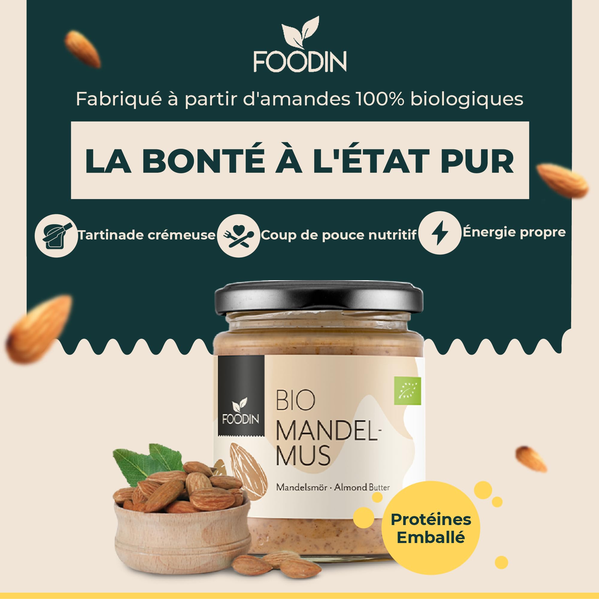 FOODIN Beurre d’amande brun, pâte à tartiner au beurre d’amande bio, bonne source de protéines et d’acides gras, 100% amande, sans gluten et végétalien (2 x 250g)