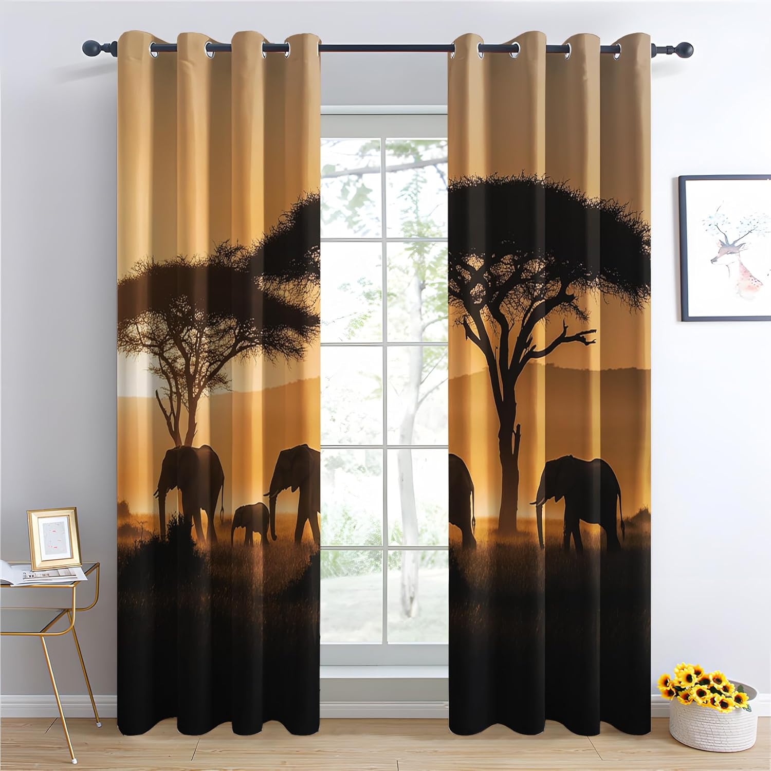 Elephant Curtains for Kitchen Windows Blackout, Sunset Curtains for Bedroom Living Room, African Grassland Drapes Decor 39 inch Long 2 Panels, Small Short Grommet Curtain 27.5 x 39 Inch