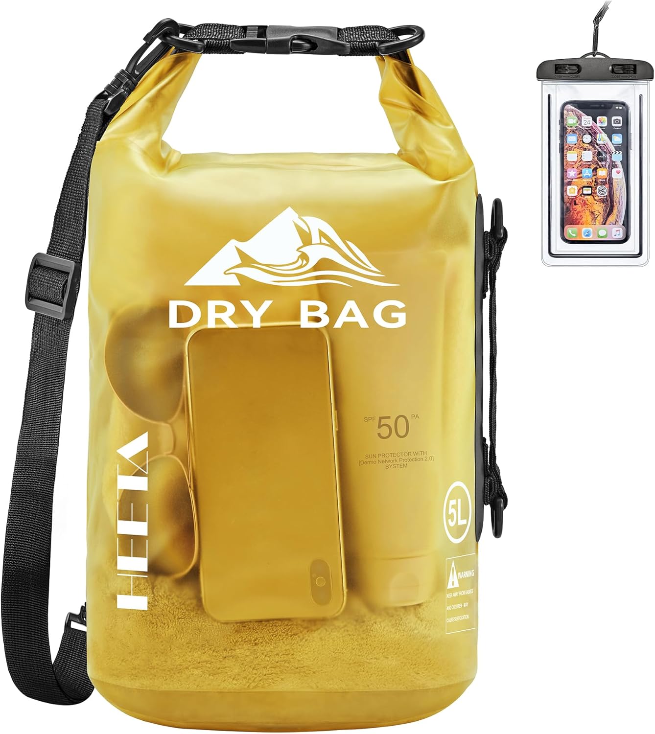 HEETA Dry Bag Waterproof for Women Men, 5L/10L/20L/30L/40L Roll Top Lightweight Dry Storage Bag Backpack with Phone Case for Travel, Swimming, Boating, Kayaking, Camping & Beach, 11 Transparent Colors 5L Yellow