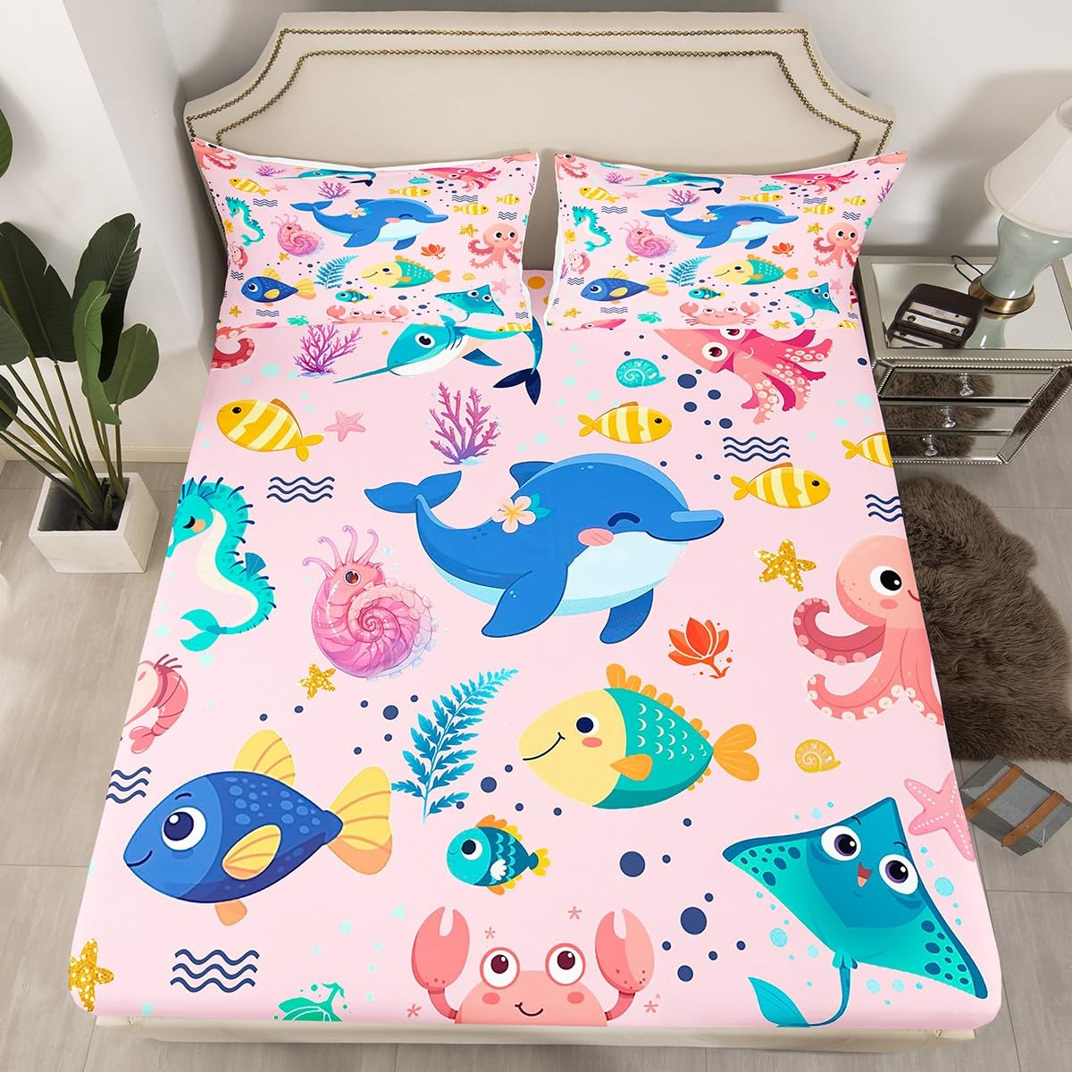 Drap-housse enfants motif pieuvre hippocampe rose anti-plis lit