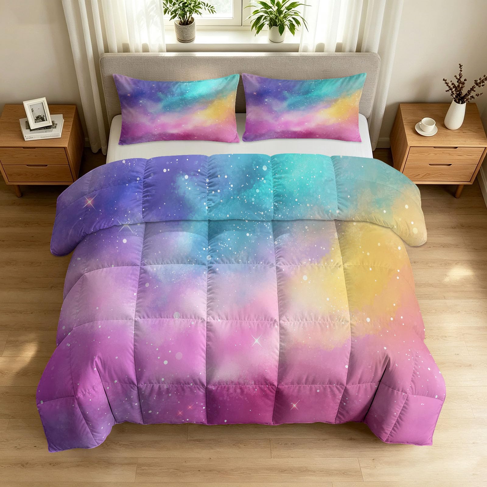 Traumhaft Stil Bettdecke Ohne Bezug 155 x 220 cm, 4 Jahreszeiten Steppdecke mit Regenbogen Farbverlauf Sterne Design - Waschbar Hautfreundlich Ganzjahresdecke mit 2 Kissenbezügen 80x80 cm
