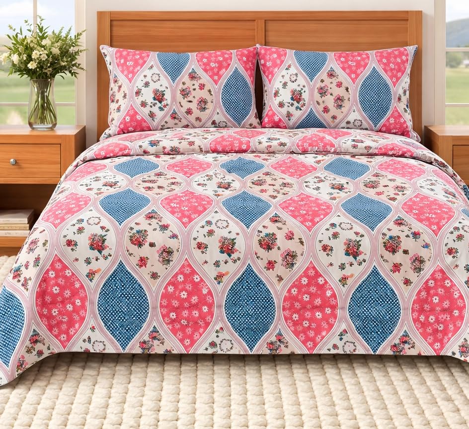 Image of BEVI - Home Super Fabric 300 TC Microfiber Double King Size Bedsheet Without Pillow Cover - Printed Bedsheet Size (90x95) (Pink Lotus, Without Pillow Double)