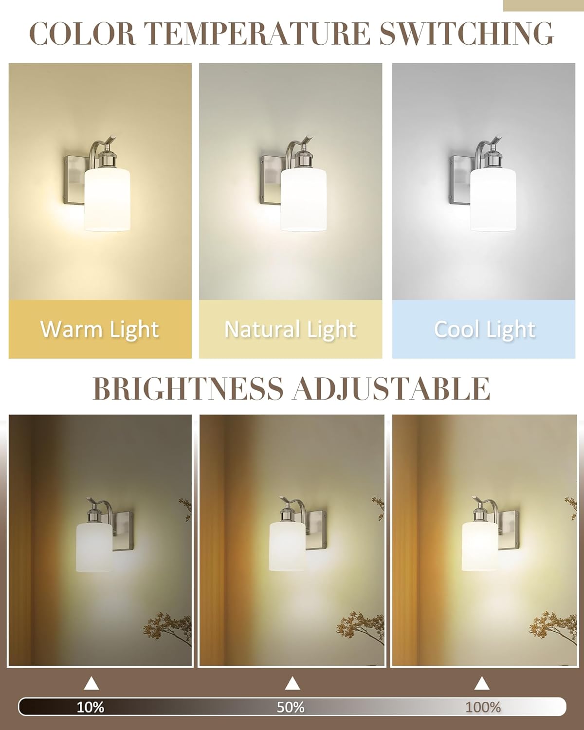 Modern Battery Operated Wall Sconce with Frosted White Glass Lampshade RGB Bulb Wireless Rechargeable Wall Light with Remote Control for Bedside Bedroom, Set of 2, Brushed Nickel ZCVL01BN-1B-2P