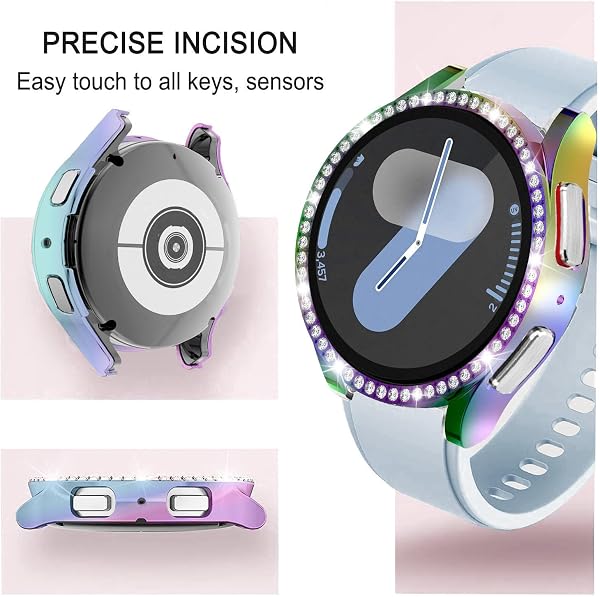 DEALELE [2-PACK] Case Compatible with Samsung Galaxy Watch 7 40mm, Bling Single-Row Diamond PC Protective Case Replacement Watch Cover Bumper (40mm, Rainbow+Transparent) - 2