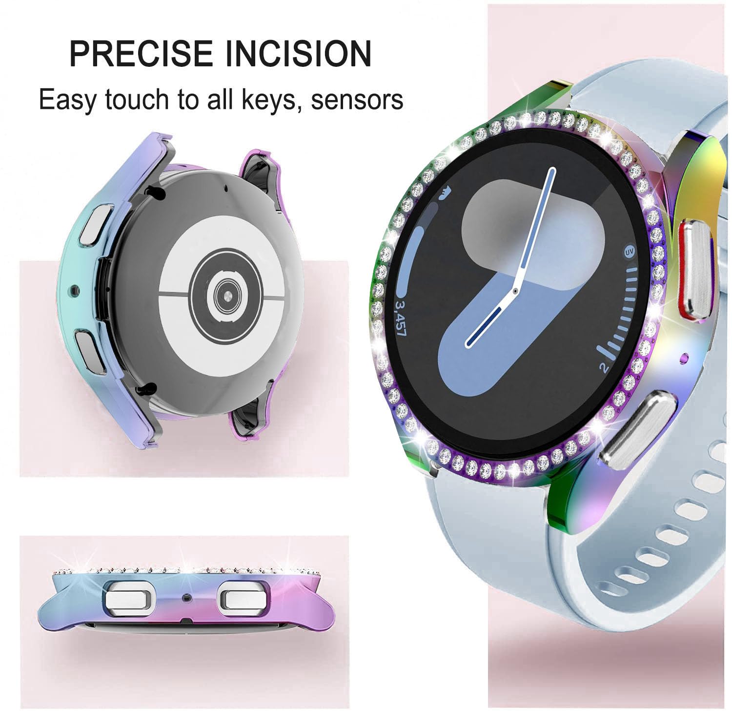 DEALELE [2-PACK] Case Compatible with Samsung Galaxy Watch 7 40mm, Bling Single-Row Diamond PC Protective Case Replacement Watch Cover Bumper (40mm, Rainbow+Transparent) — view 2