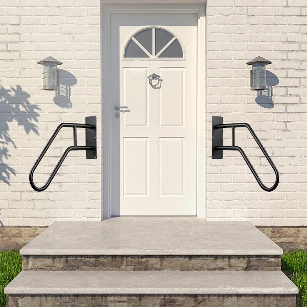 2 Pack Outdoor Handrail for 1-3 Step Stairs, 28.7” Wall Mount Stair Hand Railing Grab Bars Metal Stair Railing Handrails for Outdoor Steps, Garage, Porch, Garden, Indoor (Simple Bent Shape)