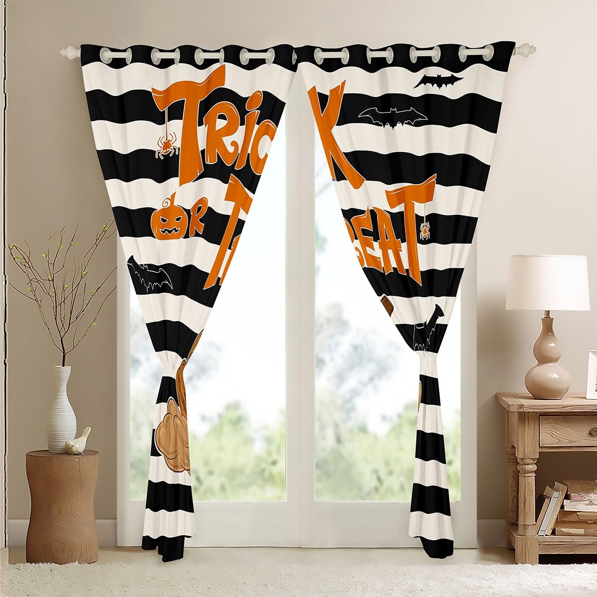 Homewish Halloween Dekor Verdunkelungs vorhänge Kürbis Laternen Vorhänge für Zimmer,Schwarz und Weiß Streifen Vorhänge 140Bx245L 2 Panels,Gotische Gespenstische Fledermaus Fenster Vorhänge