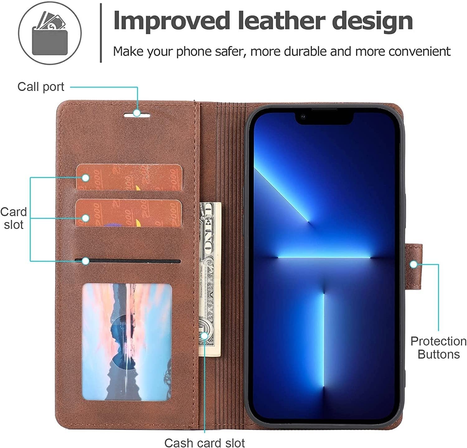KANUZ Funda para iPhone 13/13 Mini/13 Pro/13 Pro Max, cartera de piel sintética con bloqueo RFID a prueba de golpes con ranuras para tarjetas de soporte (color: marrón, tamaño: 13pro 6.1 pulgadas)