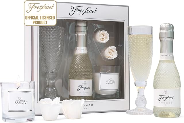 Freixenet Prosecco Wine Gift Set, Pamper Womens Gifts - Luxury Mini 20cl Prosecco Alcohol Bottle, Champagne Flute, Bath Bombs, Scented Candle - Prosecco Gifts for Women, Mum Birthday Hamper Sets