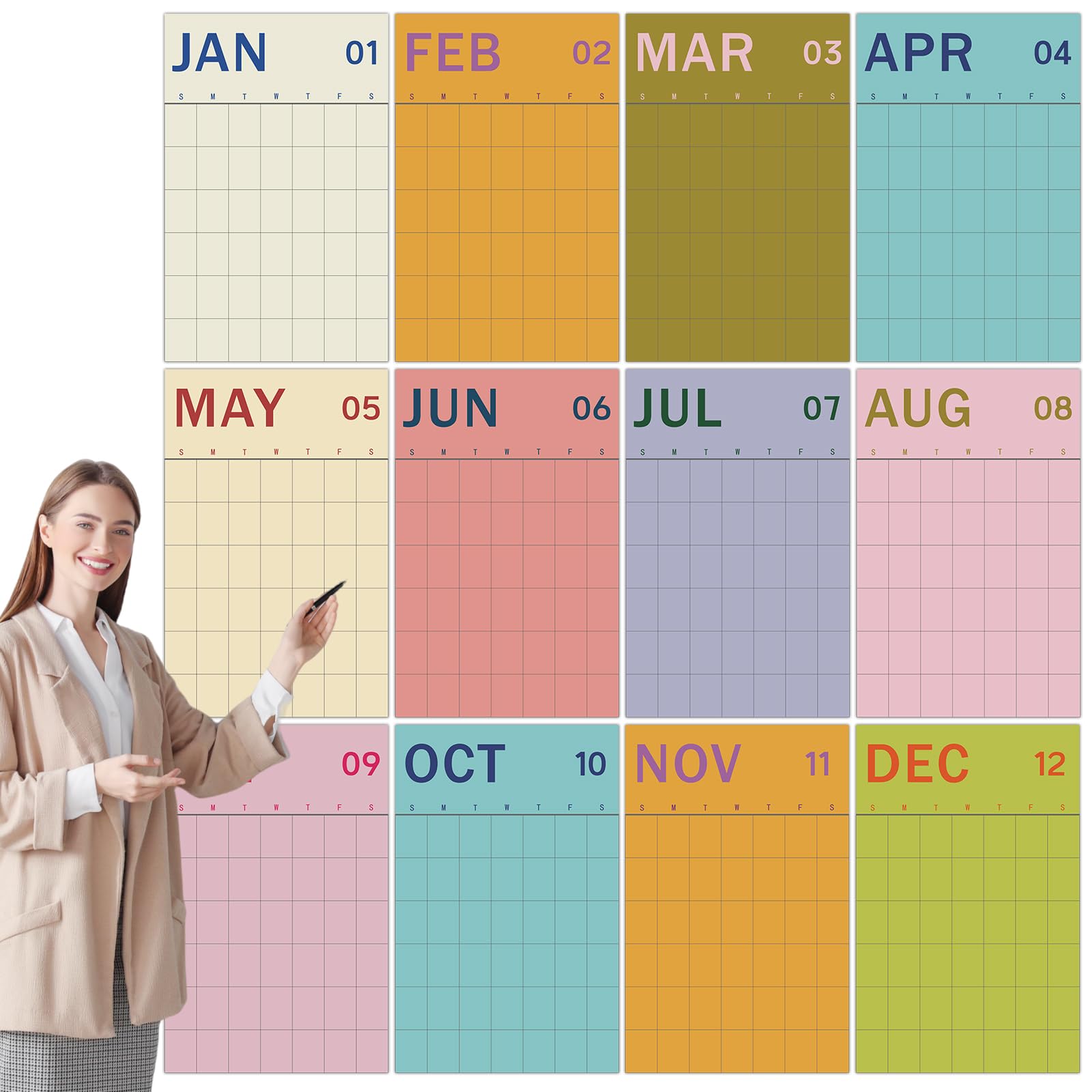 Justforjoyful Calendarios de pared verticales mensuales sin fecha, tamaño grande, planificador de pared de 12 meses con calcomanías adhesivas, calendario mensual de papel colorido 2025 para la