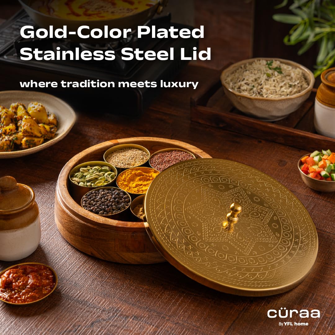 CÜRAA Masala Dani | Acacia Wood Masala Dabba by Chef Sanjyot Keer | Spice Box for Kitchen with 7 Detachable Containers & Spoon | 120ml Each | Gift for Home — Amazon image 6