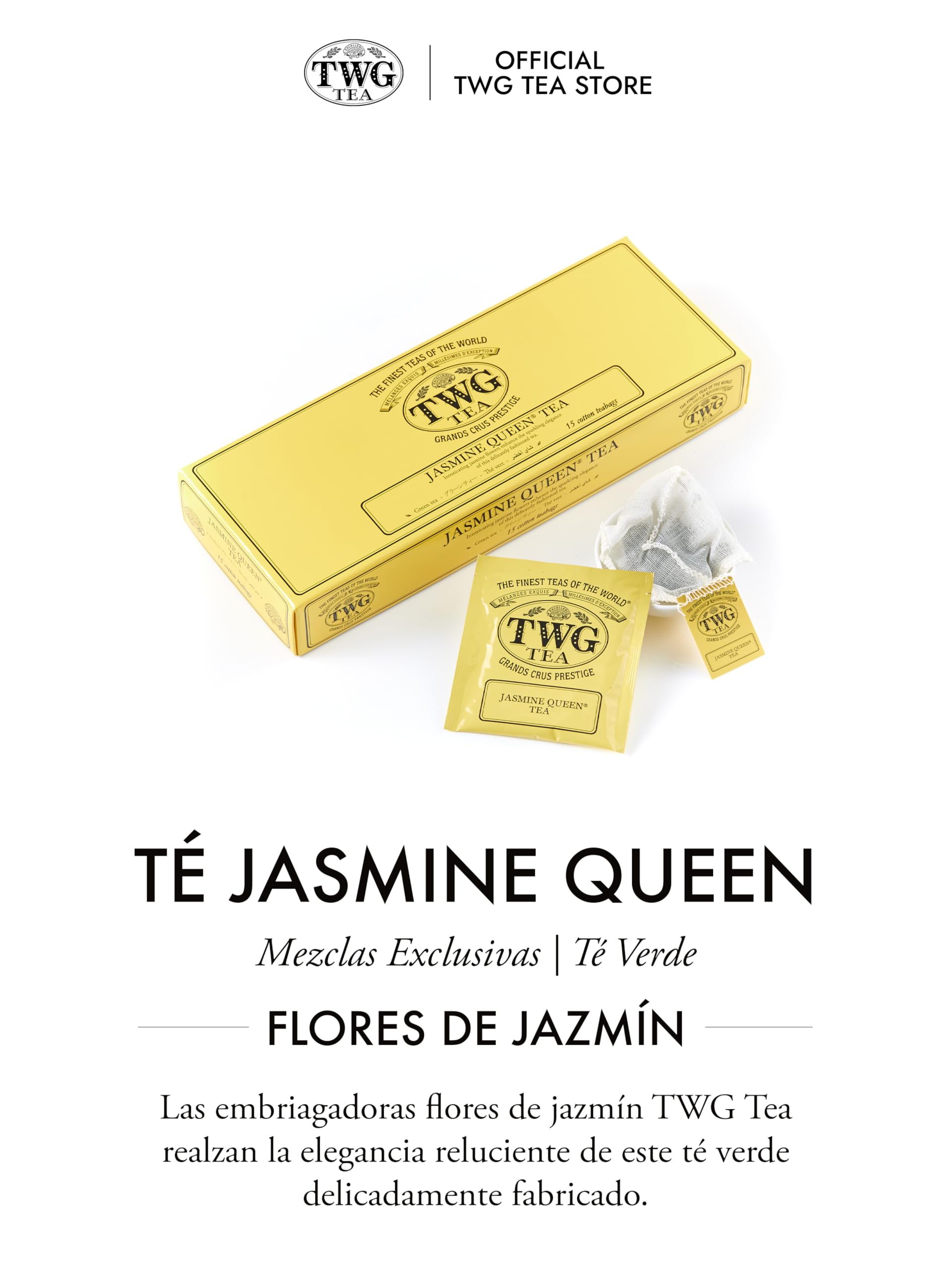 TWG Tea | Jasmine Queen Tea | Té Verde | Flores de Jazmín | 15 Bolsitas de Té de Algodón Cosidas a Mano | Caja de Regalo Originales