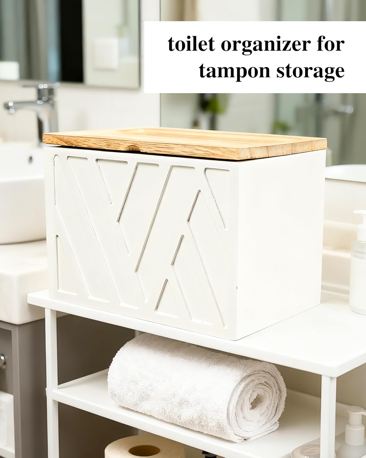 Tampon Holder for Bathroom Decor Feminine Product Organizer With Lid Shark Week Box Wooden Pad Girl Stuff Box (BLACK, lid) (1, WHITE)